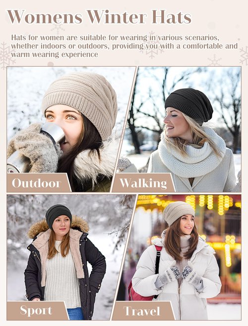 Senker Fashion Beanie Hats for Women, Winter Slouchy Knit Beanies Warm Fleece Lined Chunky Oversized Skull Cap Gifts Off White Grey