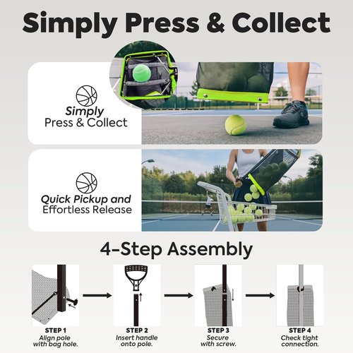 BERONEX Tennis Ball Hopper & Picker Basket, Holds 50+ Tennis Balls or 40+ Pickleballs Lightweight Retriever Collector, Durable, Portable & Adjustable Easy Pick Up and Carrying Ball Collector (Green)