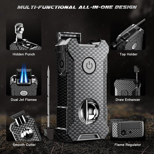 5-in-1 Torch Lighter with Cutter, Punch, Holder, and Draw Enhancer Tool, Adjustable Dual Jet Flames, Trendy Gift for Men, Refillable Butane Lighter, Rechargeable Lighters for Candle, Travel Outdoors