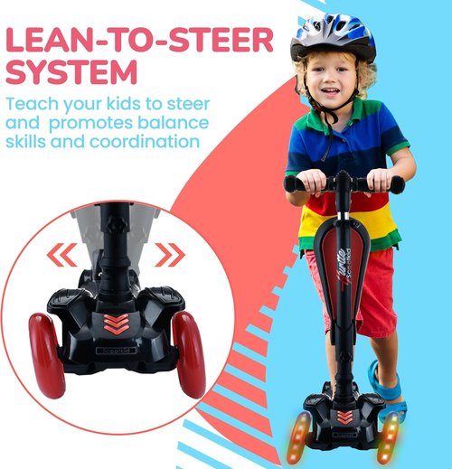 Hurtle 3-Wheeled Kids Scooter - LED Wheel Lights, Adjustable Handlebar & Foldable Seat | Ages 1-14