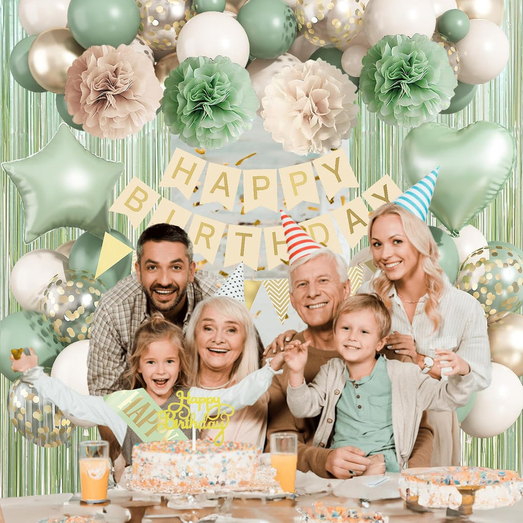 Sage Green Birthday Decorations - Elegant Foil & Latex Balloons, Happy Birthday Banner & Cake Topper | Perfect for Women & Girls