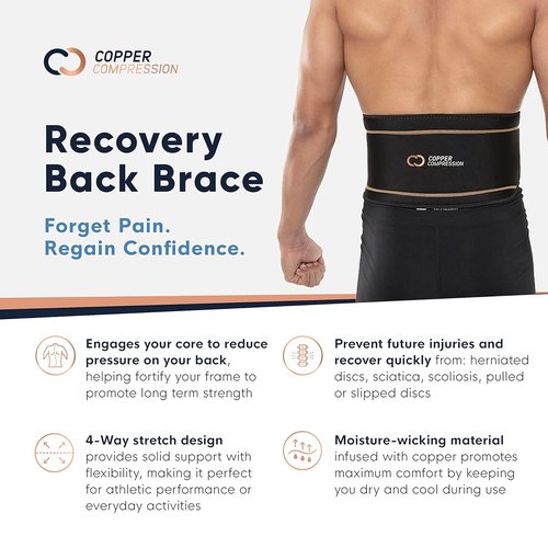 Copper Compression Back Brace - Copper Infused Lumbar Support for Pain Relief | Adjustable & Breathable (Waist 36" - 42")