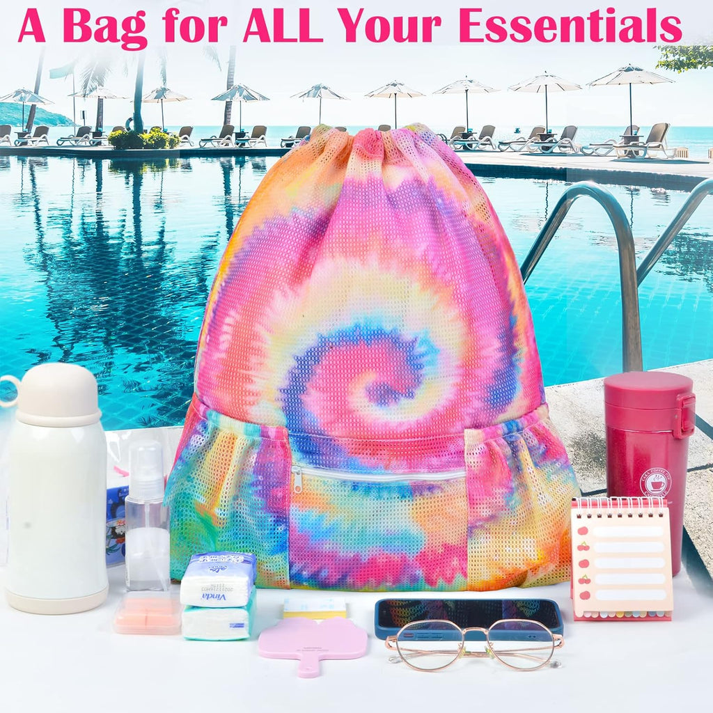 Skiennix Mesh Drawstring Bag - Versatile Beach & Gym Backpack with Zipper Pocket | Tie Dye Design