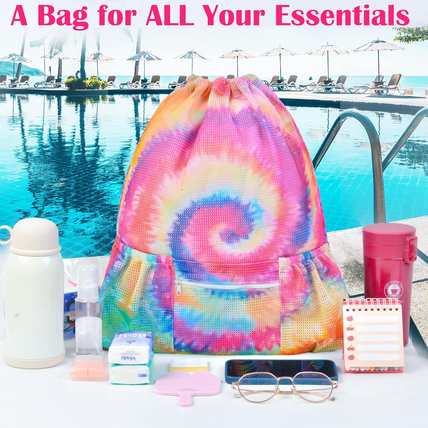 Skiennix Mesh Drawstring Bag - Versatile Beach & Gym Backpack with Zipper Pocket | Tie Dye Design