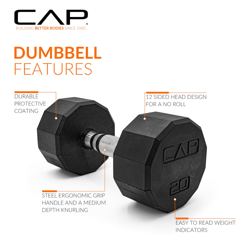 CAP 20 LB 12-Sided Rubber Coated Dumbbell Weight, Rubber Free Weights for Home Gym Strength Training, Chrome Handle, Single