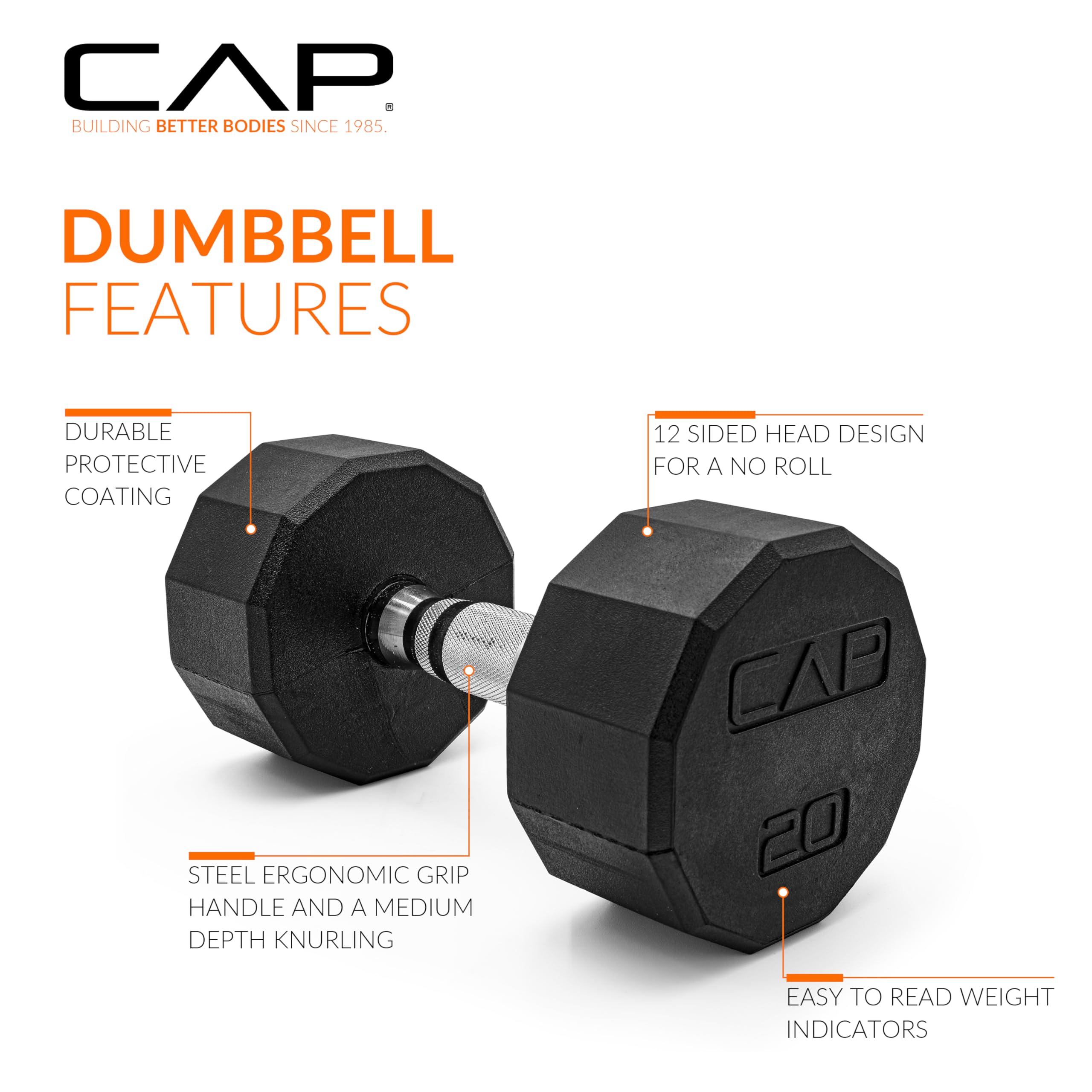 CAP 20 LB 12-Sided Rubber Coated Dumbbell Weight, Rubber Free Weights for Home Gym Strength Training, Chrome Handle, Single