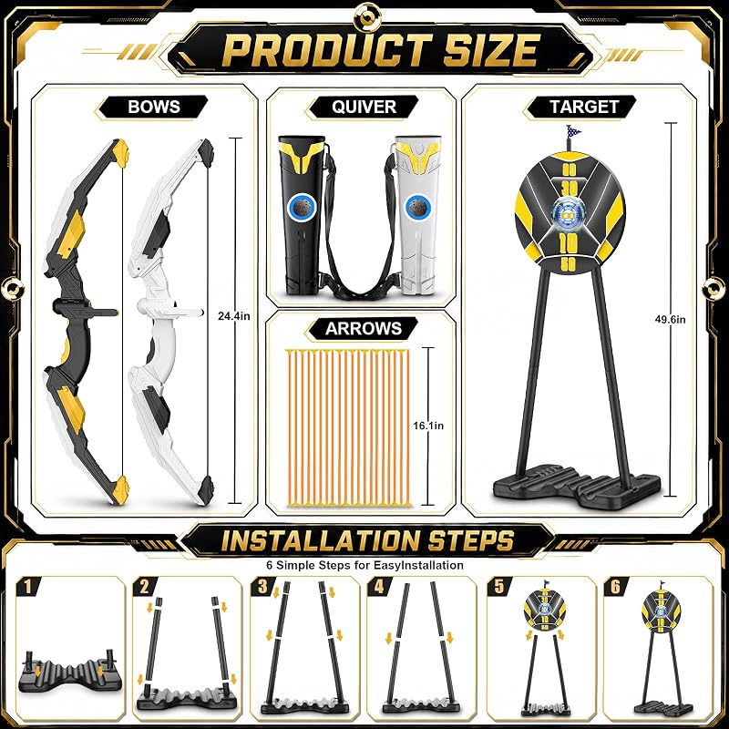 Black 2-Pack Kid Archery Set with Standing Pop-Up Target, LED Light Bows, 20 Suction Arrows & 2 Quivers