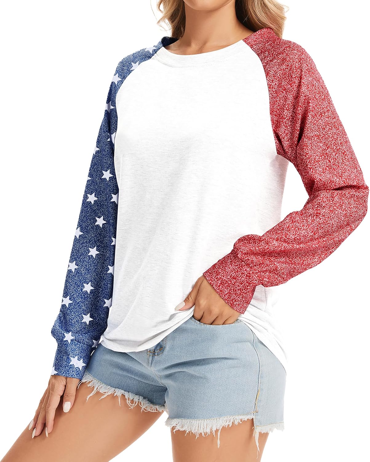 TSMNZMU Women's Star Print Colorblock Shirt - Long Sleeve American Flag Blouse for 4th of July