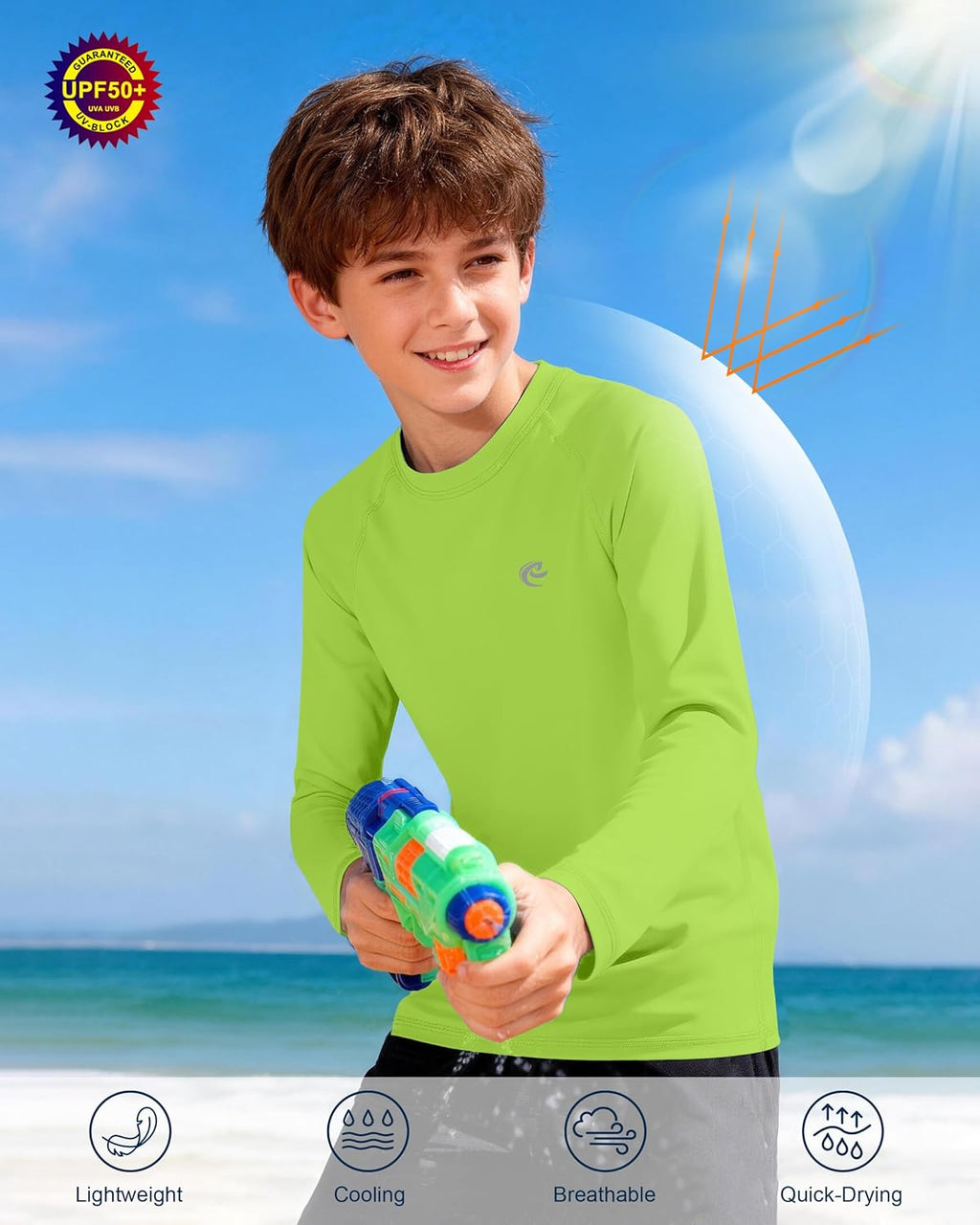 Skiennix Boys UPF 50+ Long Sleeve Swim Shirt - UV Sun Protection Rash Guard for Beach & Surf