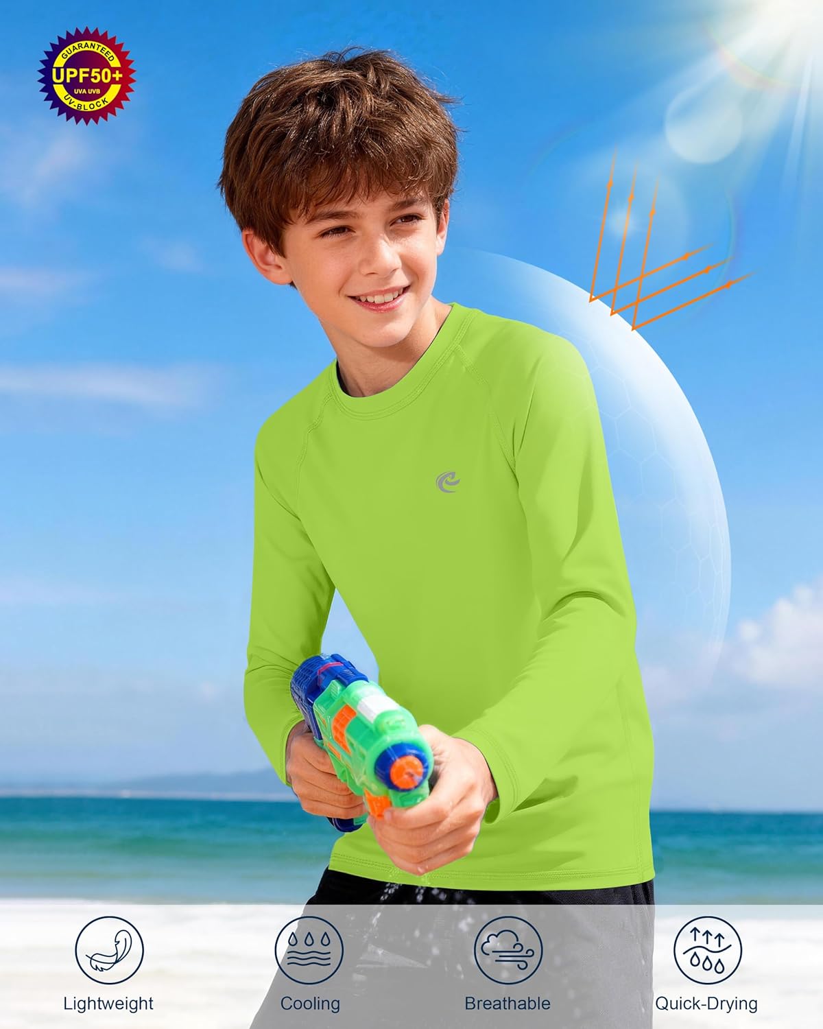 Skiennix Boys UPF 50+ Long Sleeve Swim Shirt - UV Sun Protection Rash Guard for Beach & Surf