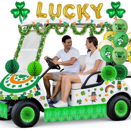 56pcs St. Patrick's Day Golf Cart Parade Decorations Kit, Saint Patrick's Car Decor Set-Irish Flag Tinsel Garlands Shamrock Balloons&Banners Crepe Paper Fans Stickers for Irish Festival Decor Supplies
