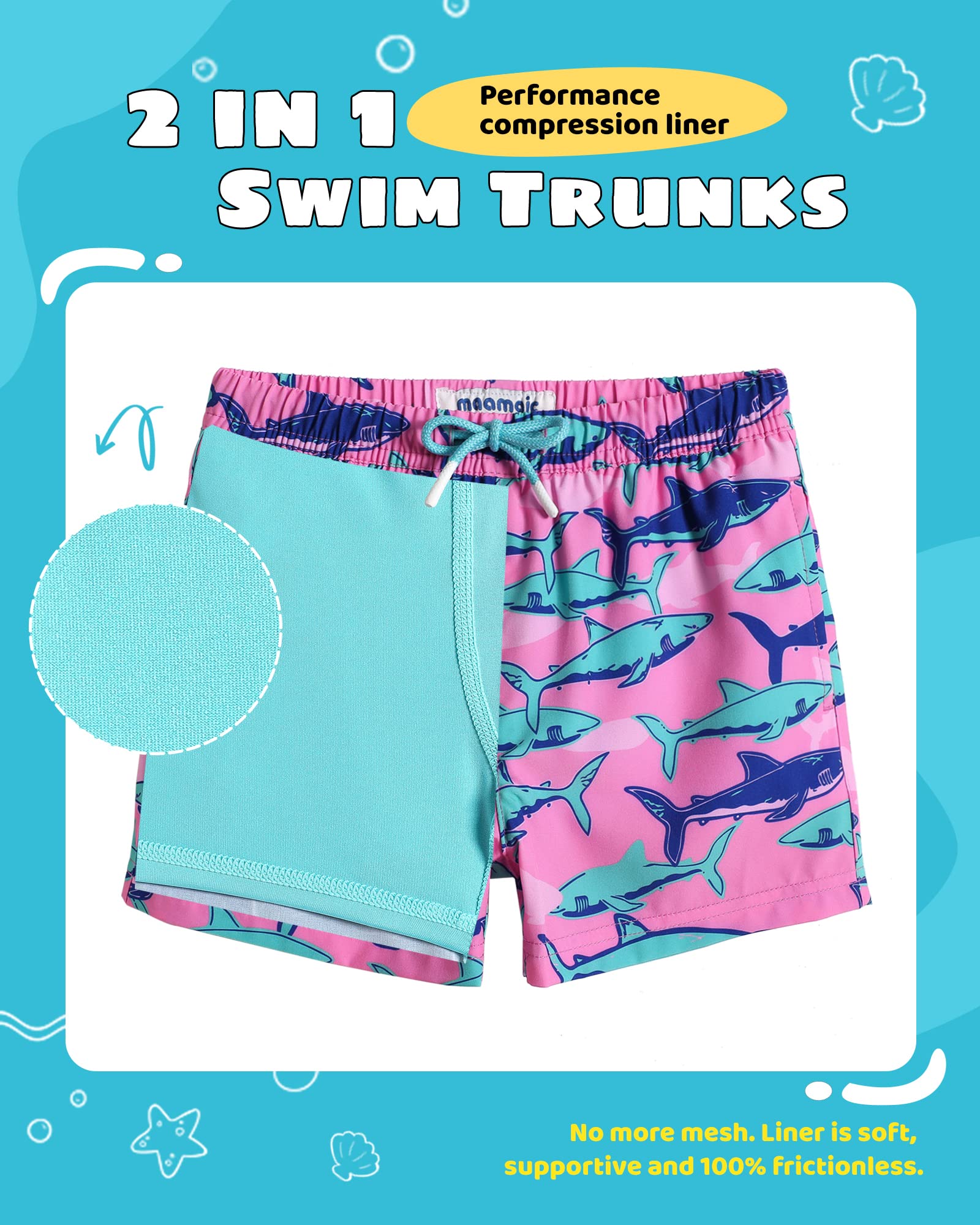maamgic Boys Swim Trunks with Compression Liner Toddler Stretch Swim Shorts Quick Dry Swimming Trunks Boxer Brief 2 in 1 Beach Shorts Pink Blue Shark 4T