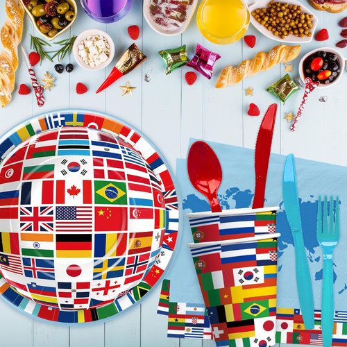 APOWBLS International World Flags Decorations - Olympic Party Supplies Set for 24 | Plates, Cups, Napkins, Cutlery, Tablecloth