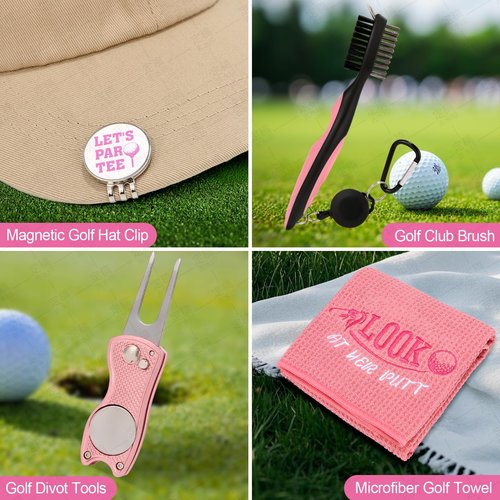 20 Pcs Pink Golf Accessories Kit Include Wine Tumbler Hat Clip Golf Tees Towel Makeup Bag Ball Bag with Hook Cleaner Brush Divot Tool with Magnetic Ball Marker Gifts Set for Women Ladies Golfer