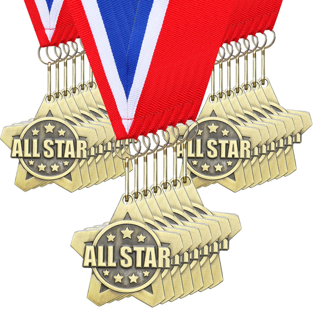 Quelay 30 Pcs 2 Inches Student Award Medals Bulk Awards Medal with Neck Ribbons Metal Trophy Prize Gift for Tournaments, Competitions, Party, Kids and Adults(All Star Medals)