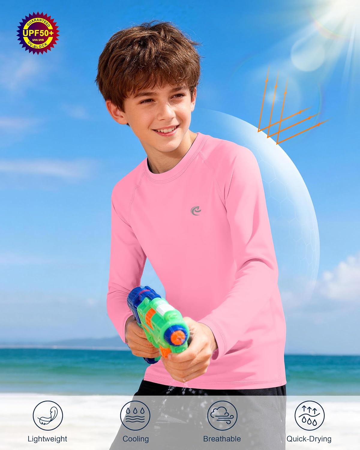 UPF 50+ Boys Swim Shirt - Long Sleeve UV Sun Protection Rash Guard | Youth SPF Water Shirt