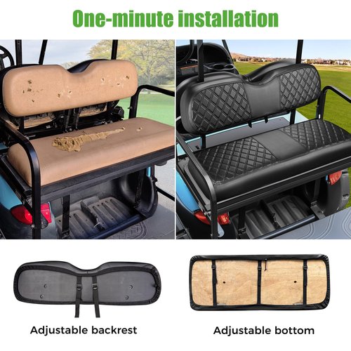 10L0L Golf Cart Seat Cover Universal Leather Rear Seat Cover for Yamaha, EZGO, Club Car - Soft PU Leather and Fitting Memory Foam, 3D Diamond Pattern, Durable Waterproof, Easy to Clean (Black)