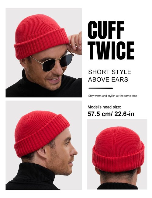 50% Wool Double Cuff Knit Beanie Hat for Men Women, Short Fisherman/Slouchy Winter Skull Cap Trawler Watch Cap, Red