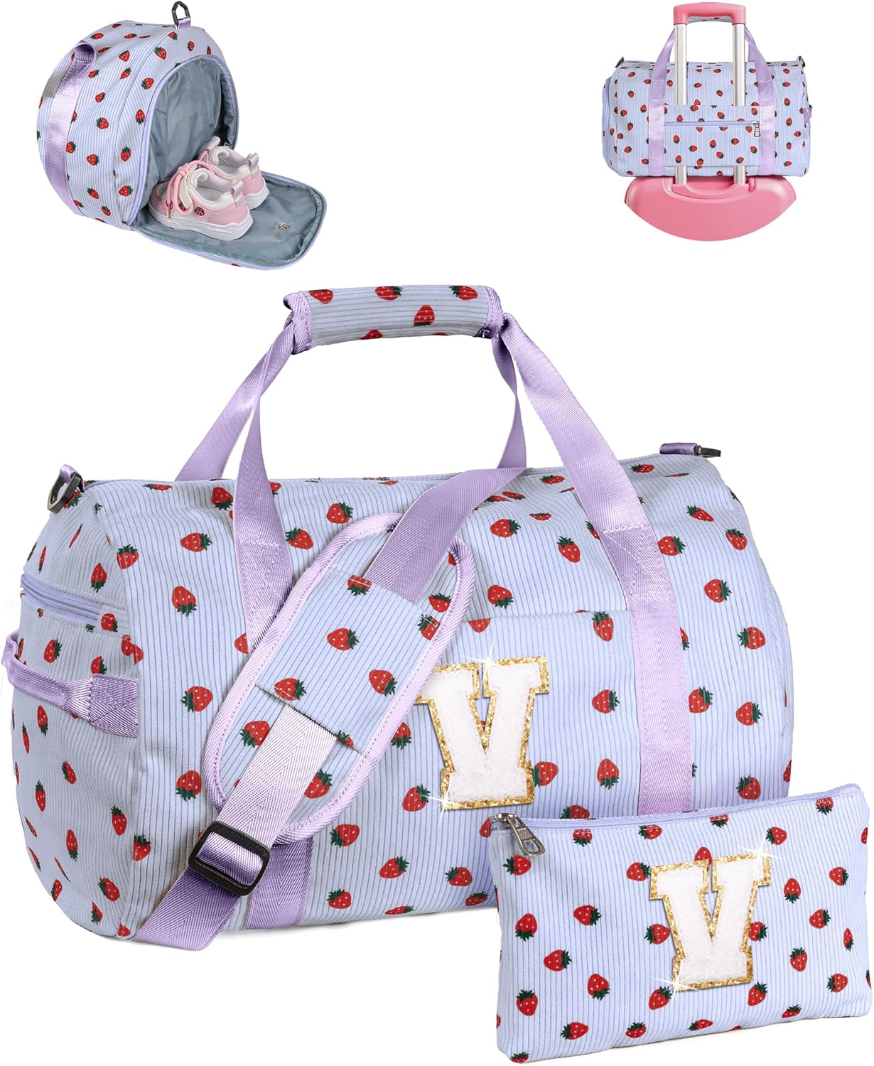 Skiennix Tween Girl Gym Bag - Personalized Duffle with Shoe Compartment & Makeup Bag | Monogram Travel Tote (Letter V)