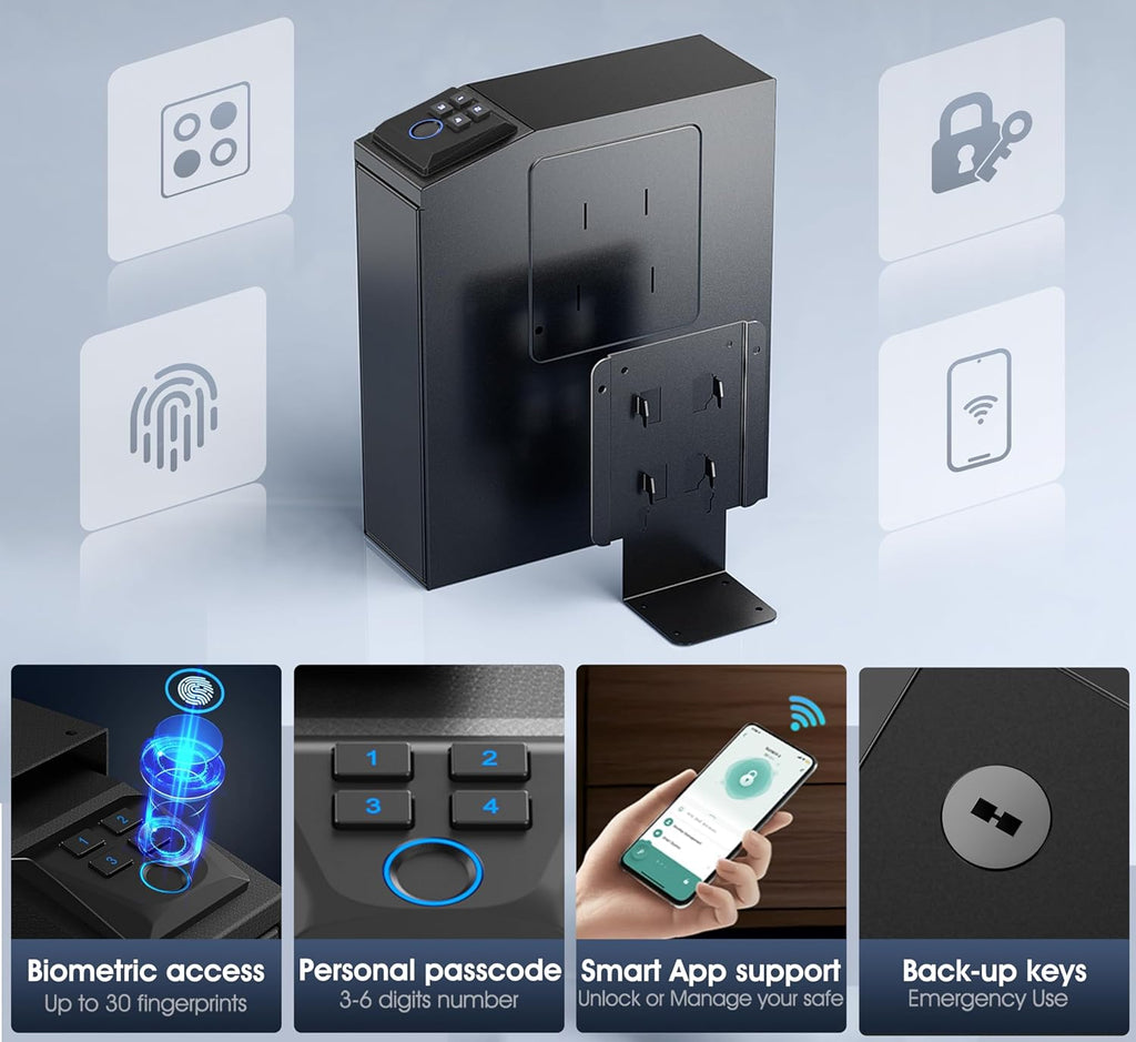 ORARAER Biometric Gun Safe - 4 Ways to Unlock with Fingerprint, Key & PIN Code | Compact Nightstand Pistol Lock Box