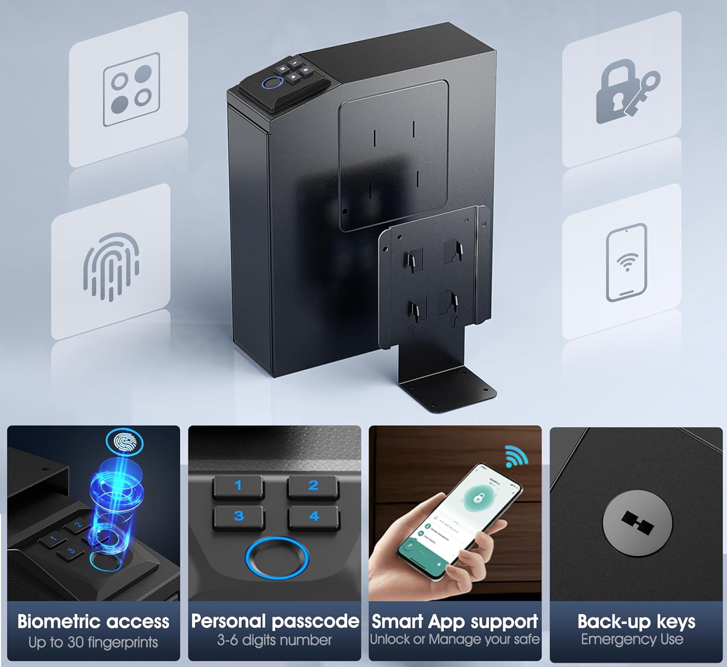 ORARAER Biometric Gun Safe - 4 Ways to Unlock with Fingerprint, Key & PIN Code | Compact Nightstand Pistol Lock Box