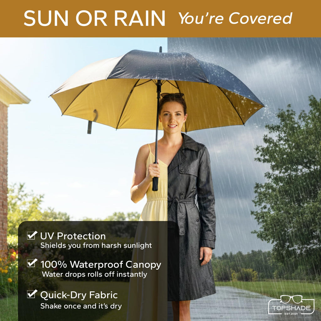 TopShade Golf Umbrella 60 Inch - Large 52-Inch Diameter Single Canopy, Wind Resistant Fiberglass Frame, Gold UV Protection, Auto Open - Black/Gold