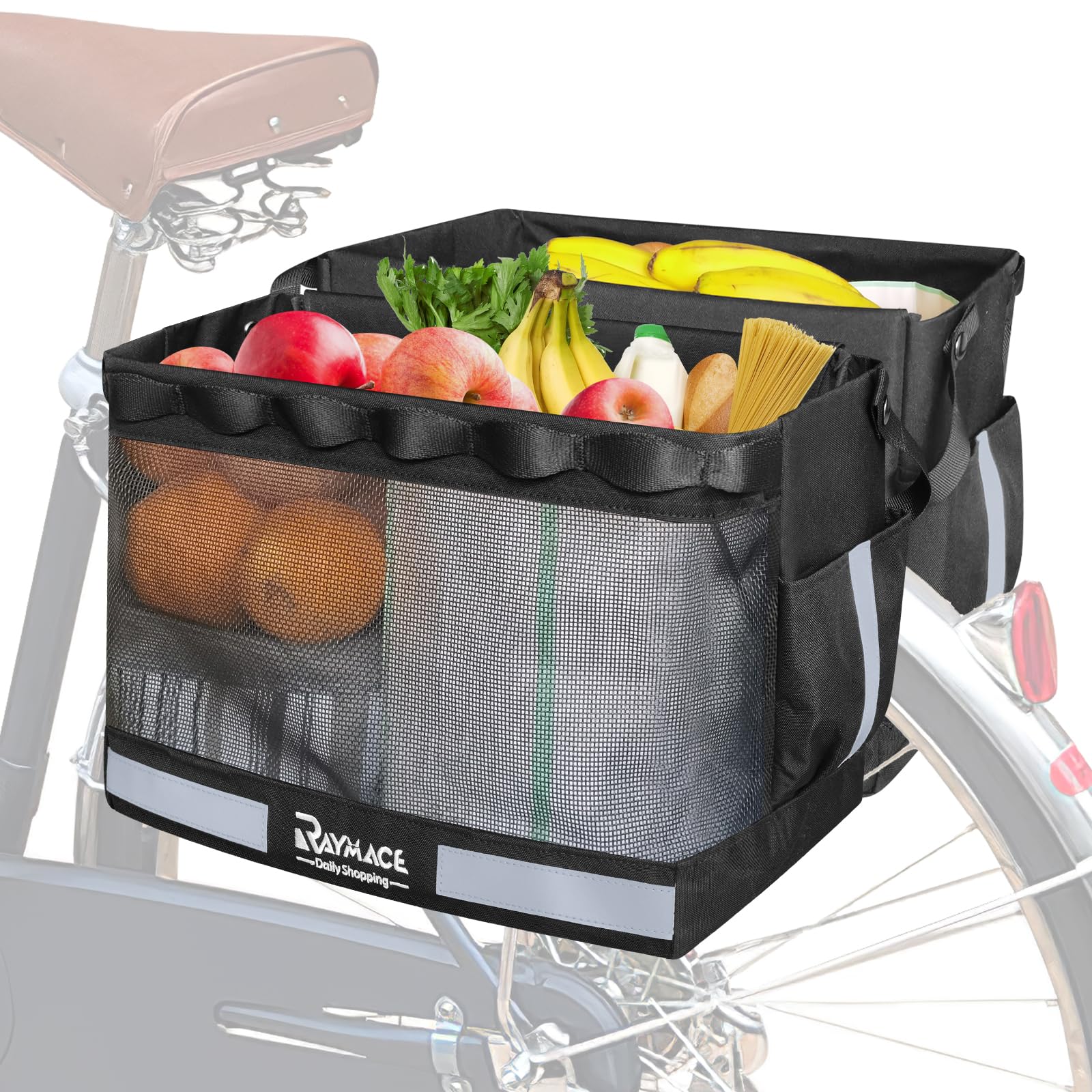 RAYMACE 2Pack Bike Grocery Panniers for Bicycles and Ebikes,Bike Rack Bags with Reflective Spots and Side Pockets,Folding Bike Basket Fits for Most Rear Racks (Black)