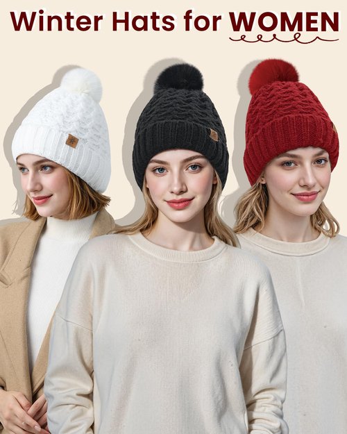Trifabricy Womens Winter Hat Knit Crossed Cap Beanie Hats for Women Soft Warm Lined with Faxu Fur Pom Poms for Cold Weather Working Skiing Hiking Black