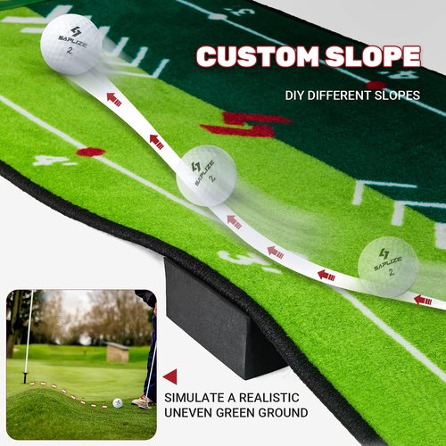 SAPLIZE Two-Speed Golf Practice Mat with Alignment Mirror, 20 in X 10 ft Training Aid Mat, Anti-Slip Backing Golf Putting Green for Indoor/Outdoor