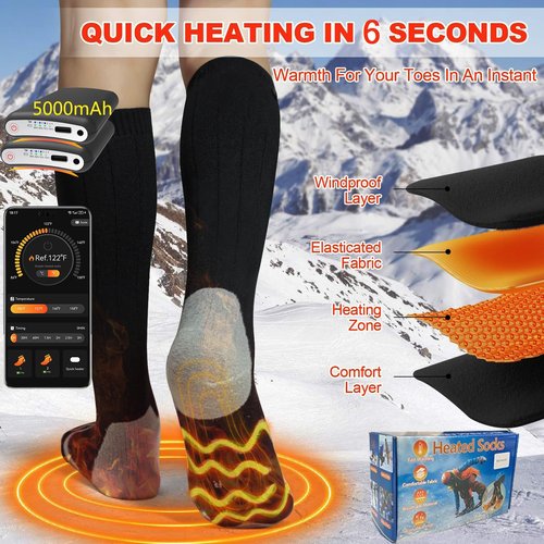 Heated Socks for Men & Women with App Control 5000mAh x2 Rechargeable Electric Heated Socks Up to 9 Hours Washable Warm Socks for Outdoors Work Skiing Hunting Riding Cycling Hiking Camping Xmas Gifts