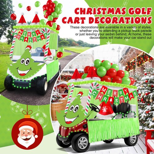 Soulchen 73 Pcs Green Christmas Golf Cart Decorations Elf Xmas Themed Decor Kit Red Green Balloons Foil Tinsel Elf Backdrops Curtain Light String for Christmas Golf Cart Party Supplies Decor