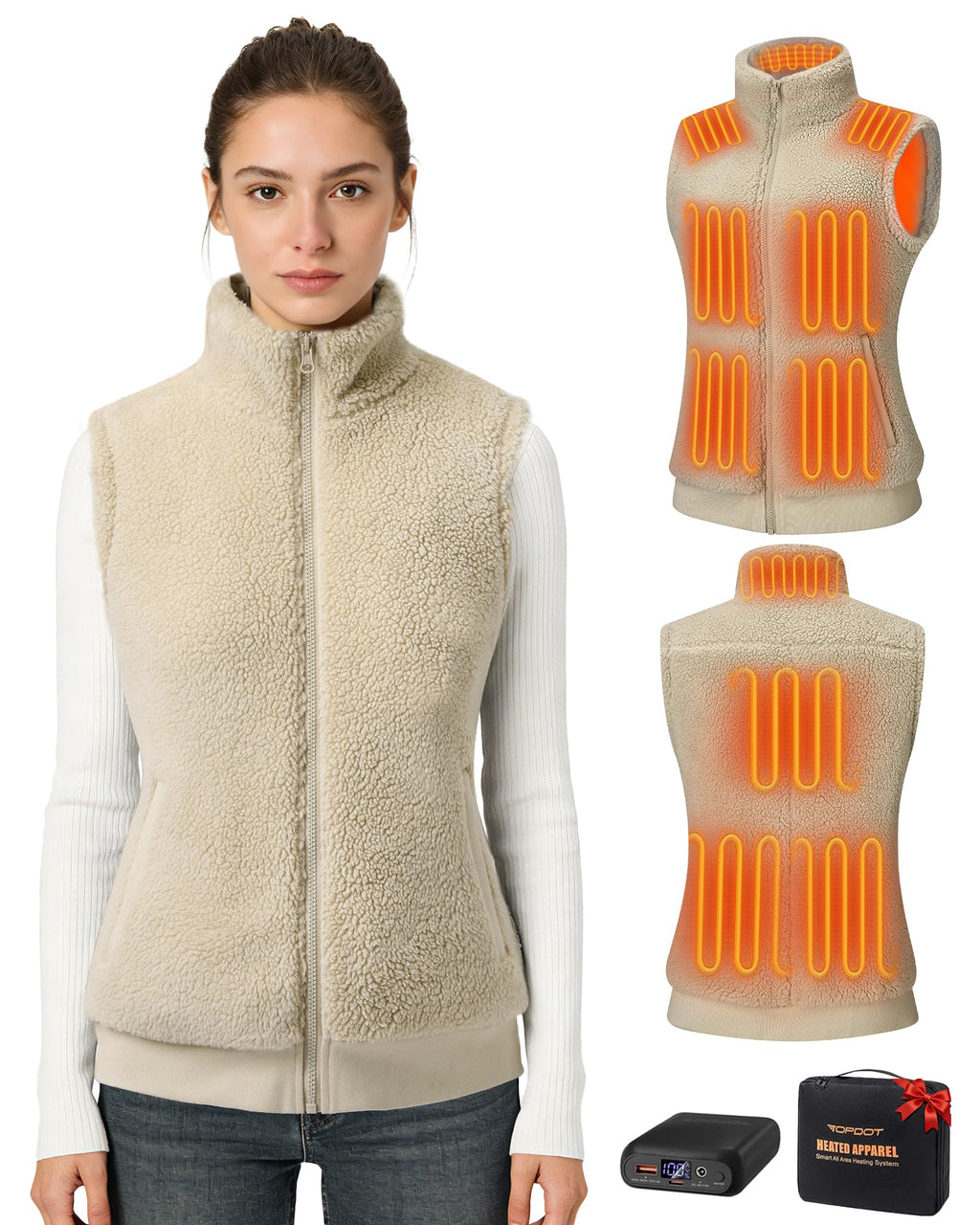Topdot Fuzzy Fleece Heated Vest for Women with 16000mAh 7.4V Battery, Ergonomic 10 Heating Zones Women's Heated Vest