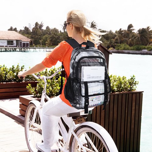 KUI WAN Clear Backpack, Large Clear Bag Stadium Heavy Duty PVC Transparent See Through Backpacks for Boys Girls, College, Work, Black