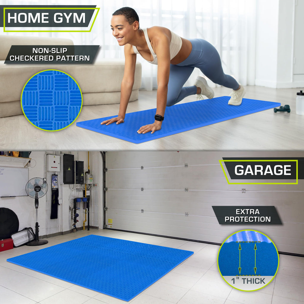 ProsourceFit Exercise Puzzle Mat 1-inch, Checkered EVA Foam Floor Tiles w/Non-Slip Texture, Interlocking Design for Adjustable Gym Surfaces, Shock Absorbing, Blue, 24 SQ FT - 6 Tiles