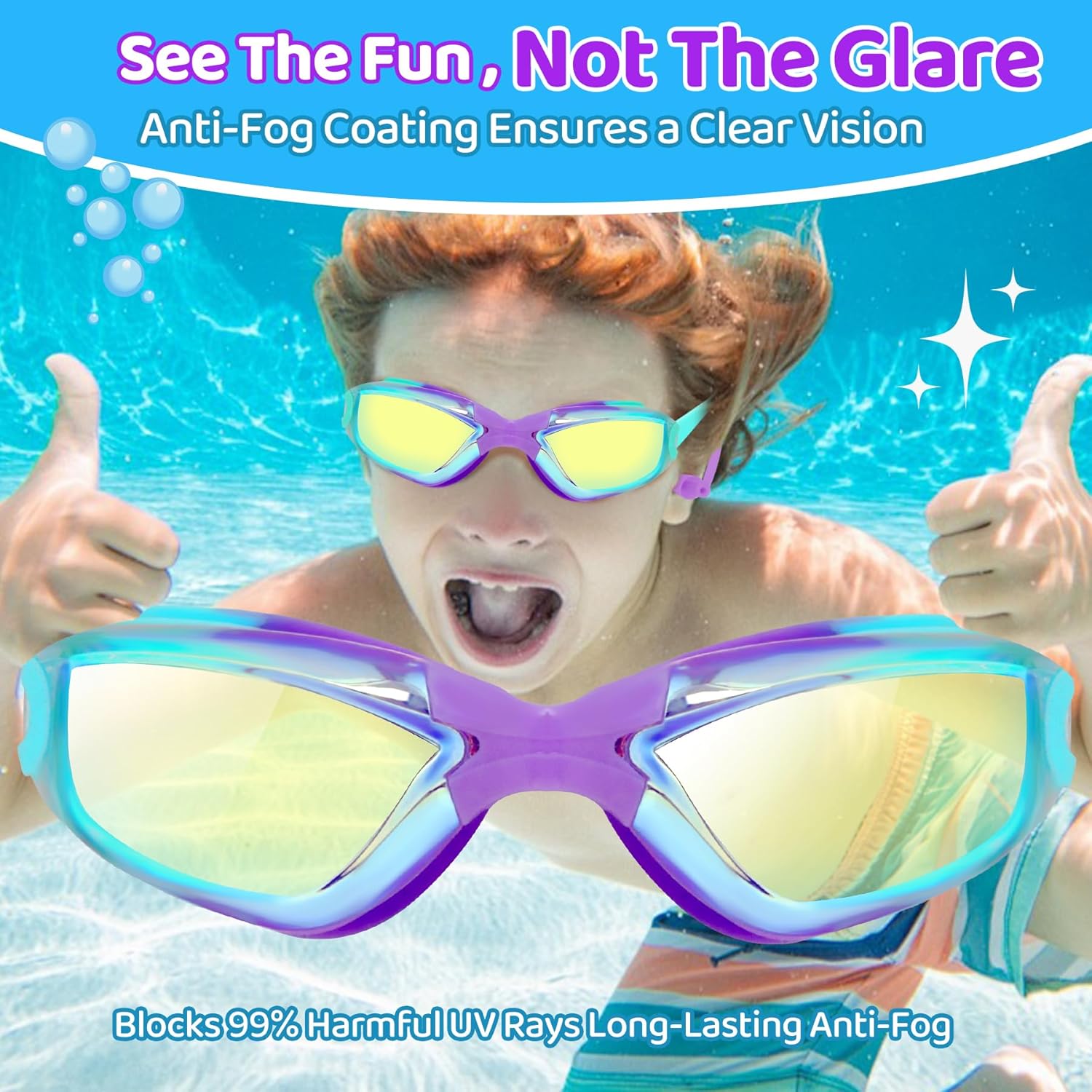 Vvinca Swim Goggles - Anti-Fog & UV Protection | No Leaking Design for Kids Ages 3-15 (2 Pack)