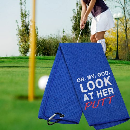 Funny Golf Towels for Women Oh My God Look at Her Putt Embroidered Golf Towels for Golf Bags with Clip (Look at Her Putt)