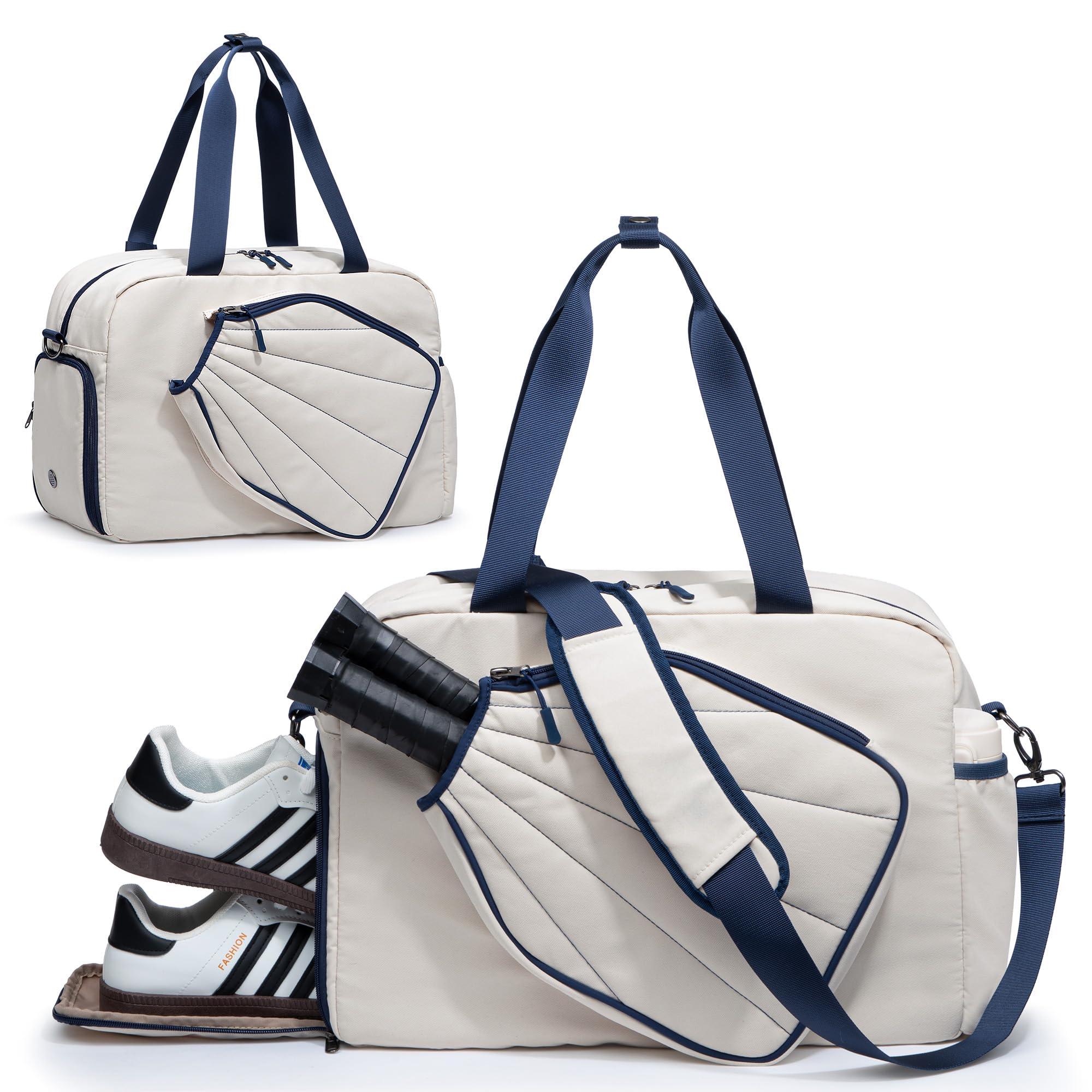 Smasrob Pickleball Tote Bag for Women with Exterior Paddle Pocket and Separate Shoe Compartment, Pickleball Bags with Wet Pocket and Detachable Strap, Beige