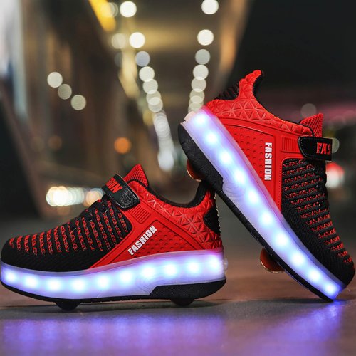 Ufatansy Rechargeable Boys LED Shoes Roller Skates Girls Roller Skate Shoes Kids LED Light up Wheel Sneakers Charging by USB Double Wheels for Kids(1 M US = CN32, Red)