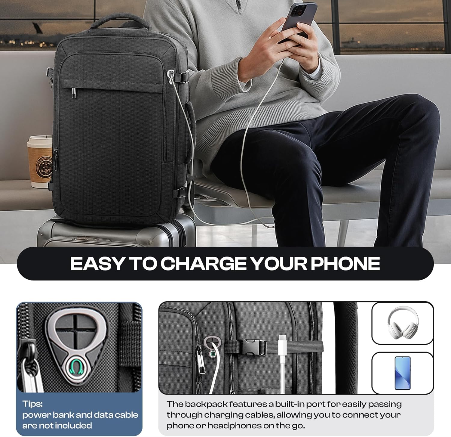 Skiennix Extra Large 55L Carry-On Backpack - TSA Approved, Expandable & Water Resistant for 18.4" Laptops | Black