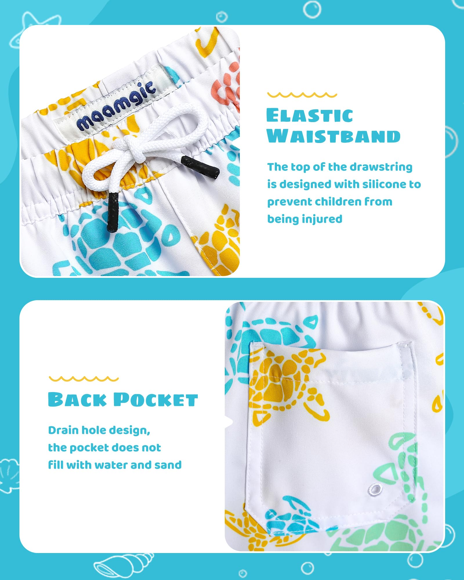maamgic Boys Swim Trunks with Compression Liner Toddler Stretch Swim Shorts Quick Dry Swimming Trunks Boxer Brief 2 in 1 Beach Shorts White Colorful Turtles 14/16