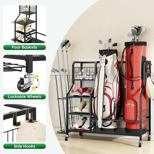 Golf Storage Organizer for Garage, Golf Bag Storage Rack with Lockable Wheels, Heavy Duty Golf Club Organizer with 3-Tier Shelves & Removable Hooks for Golf Accessories, Golf Bag Stand Holder, Black