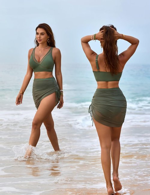 Blooming Jelly Women's High Waisted Swim Skirt Bikini Set - Tummy Control & Mesh Sarong Wrap