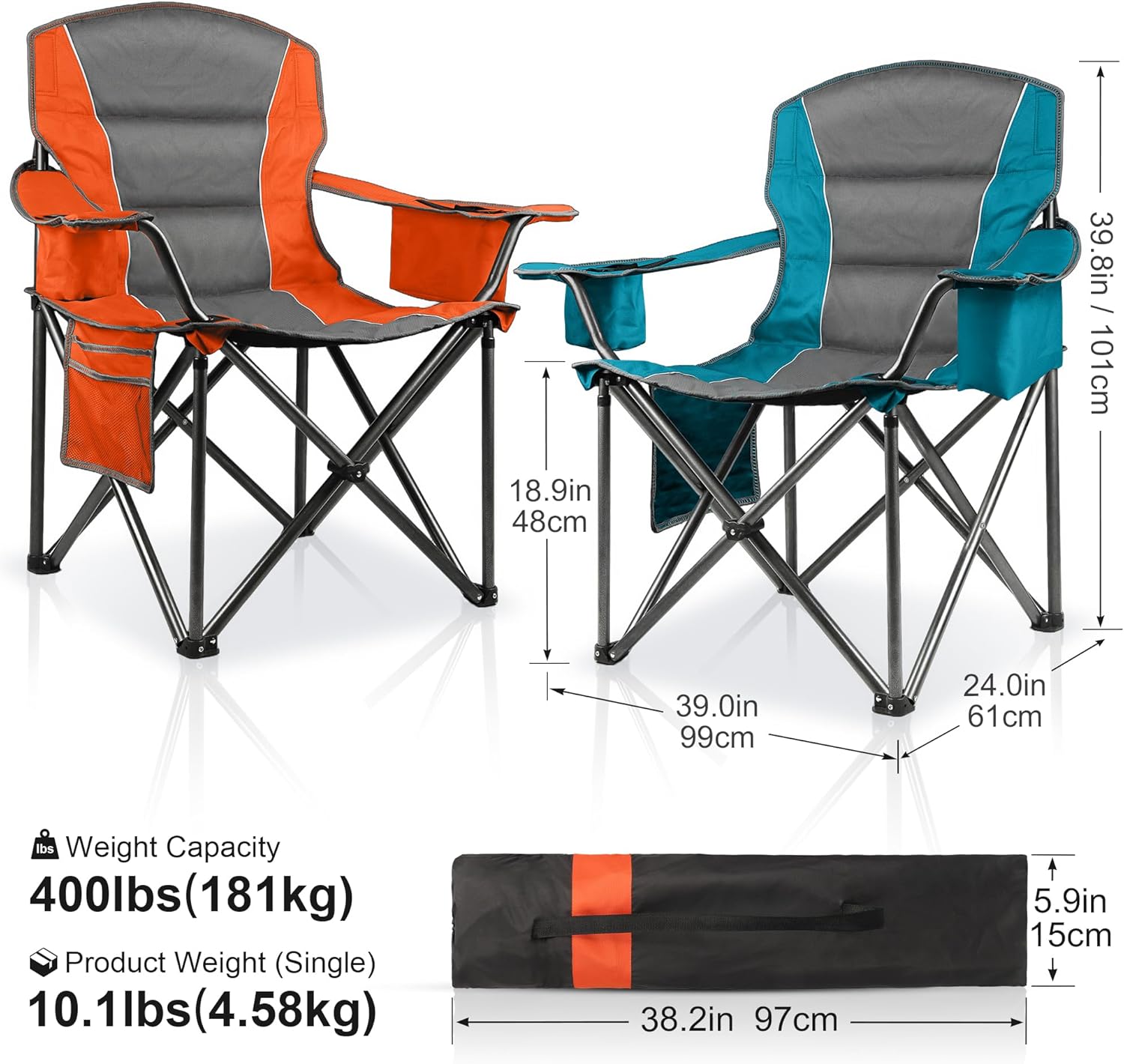 Skiennix Padded Oversized Camping Chairs - Heavy Duty 400 Lbs Support | Portable Folding Lawn Chair with Cup Holder & Cooler Bag (Orange & Blue)