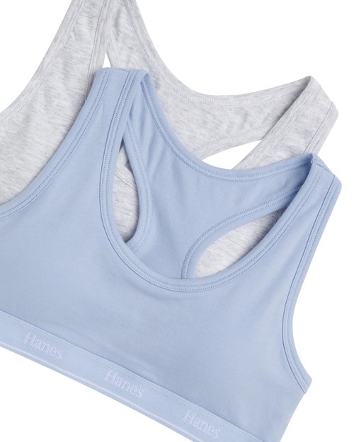 Hanes Girls' Cotton Racerback Sports Bra 2-Pack, Chambray Blue/Heather Gray, Large
