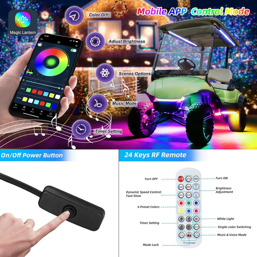 Roykaw Golf Cart LED Strip Lights - Waterproof Neon Accent Kit with Wheel Well & Interior Lights | Million Colors, Sync to Music, Fits 12V-80V, 12 PCS