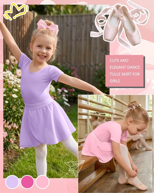 LessonZoo 3 Pack Girls Ballet Skirts for 2-12y Toddler Dance Skirt Ballet Chiffon Skirt with Elastic Waist Practice Dancewear(Light Purple,Rose Red, Light Pink,6-8 Years)