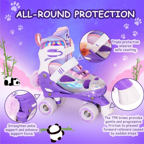 Nattork Kids Roller Skates for Girls Boys, 4 Size Adjustable Purple Panda Quad Skates with All Light up Wheels, Beginner Roller Skates - Birthday Gift for Outdoor Indoor