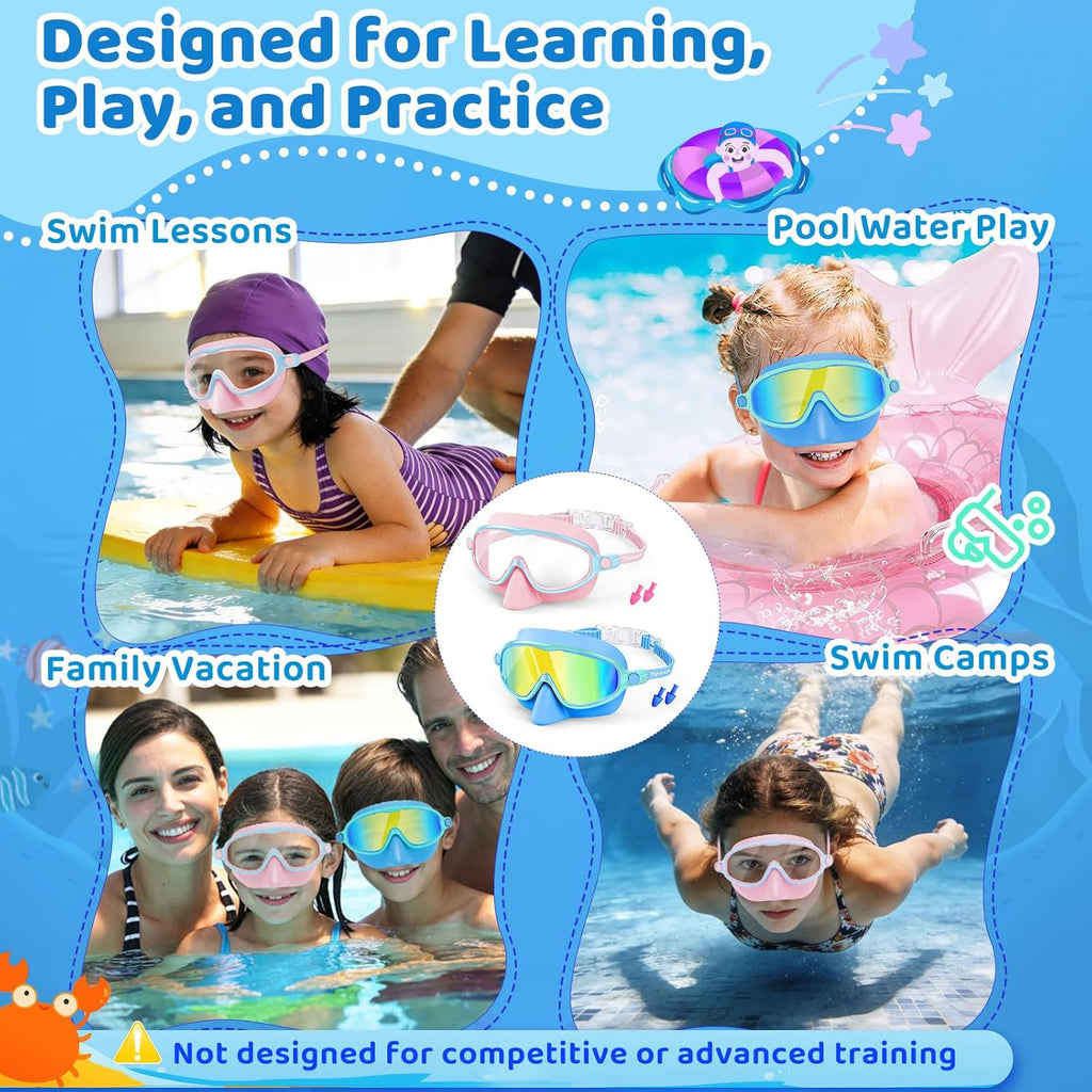 Vvinca Kids Swim Goggles - 2 Pack with Nose Cover | Anti-Fog UV Protection for Ages 3-14