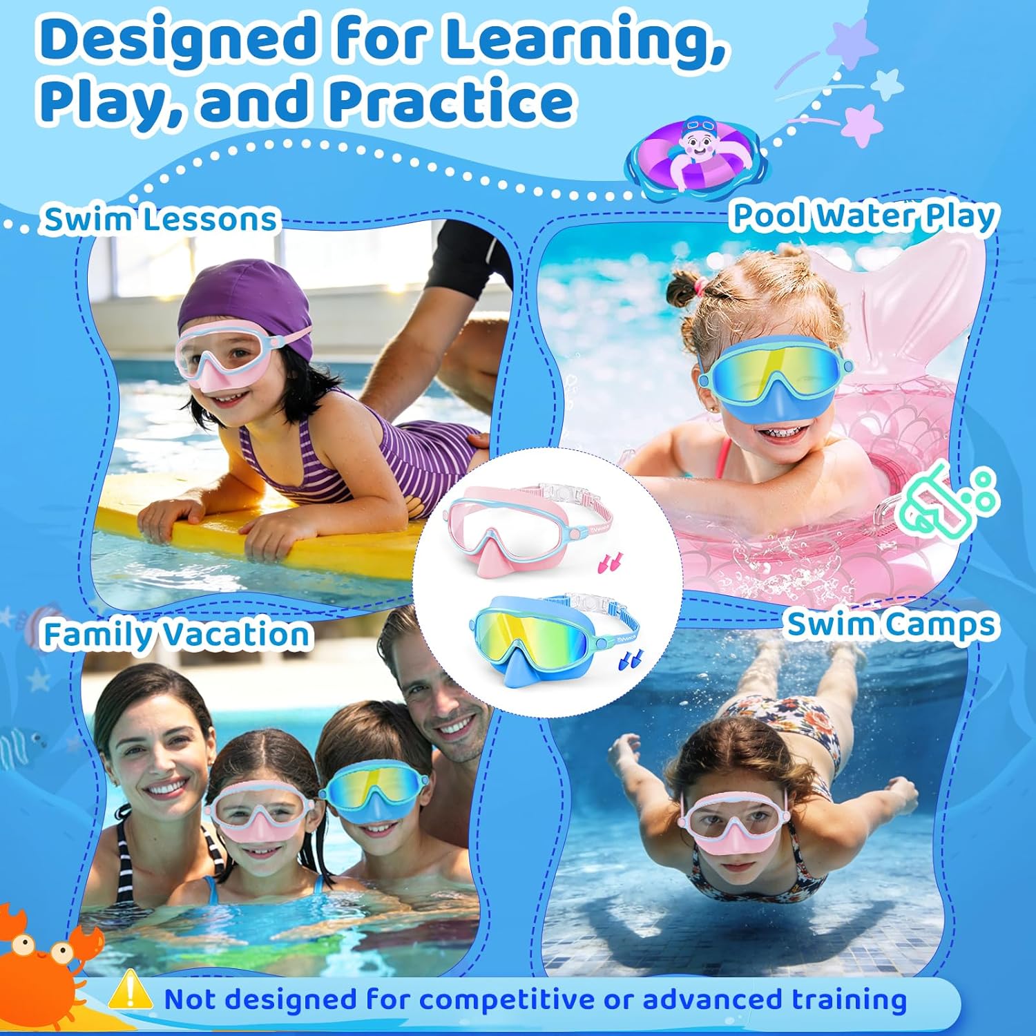 Vvinca Kids Swim Goggles - 2 Pack with Nose Cover | Anti-Fog UV Protection for Ages 3-14