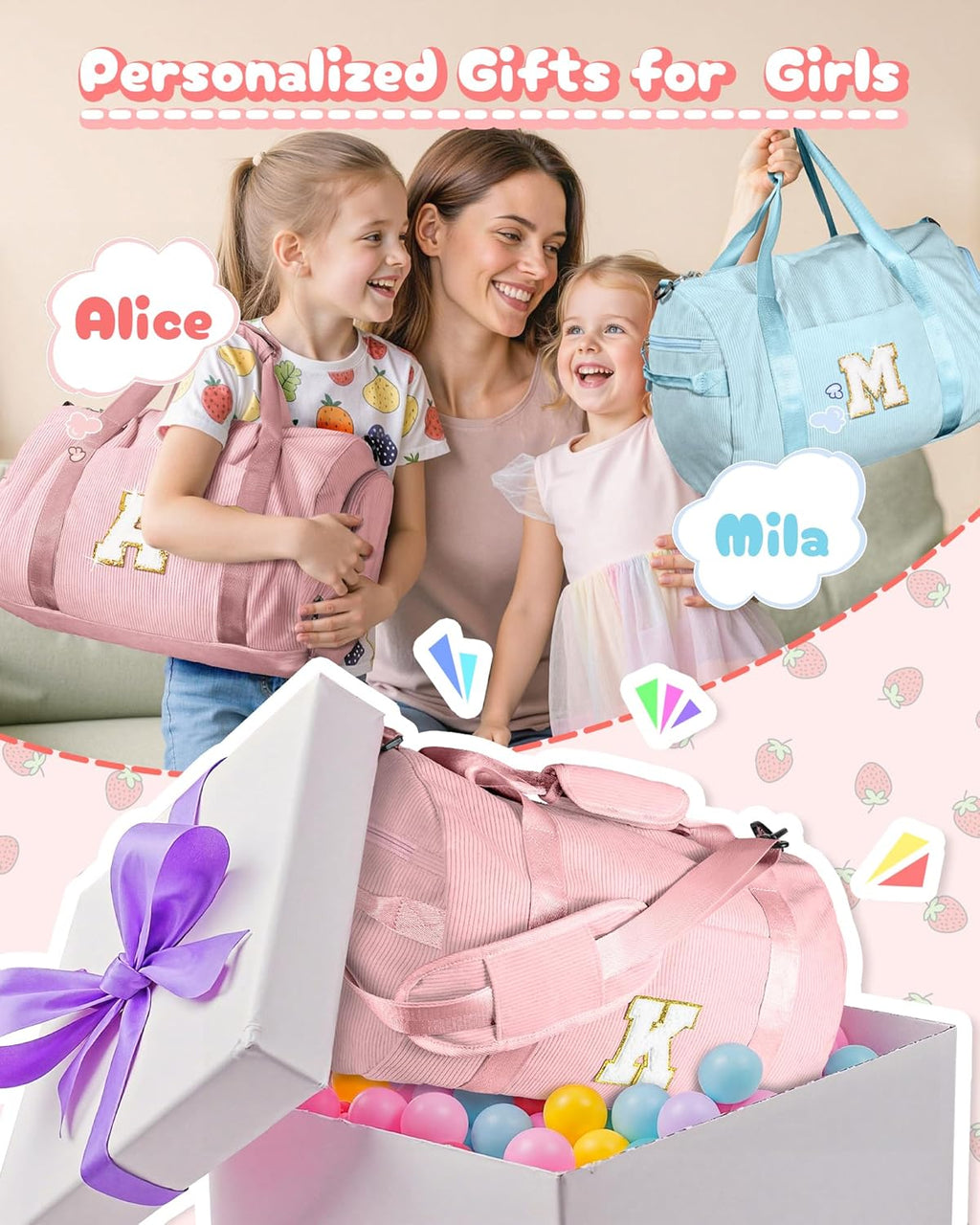 Skiennix Personalized Dance Bag - Kids Gym Duffle with Shoe Compartment & Toiletry Bag | Gift for Girls Ages 3-8